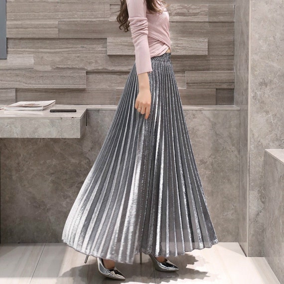 Metallic Gold Pleated Maxi Skirt 