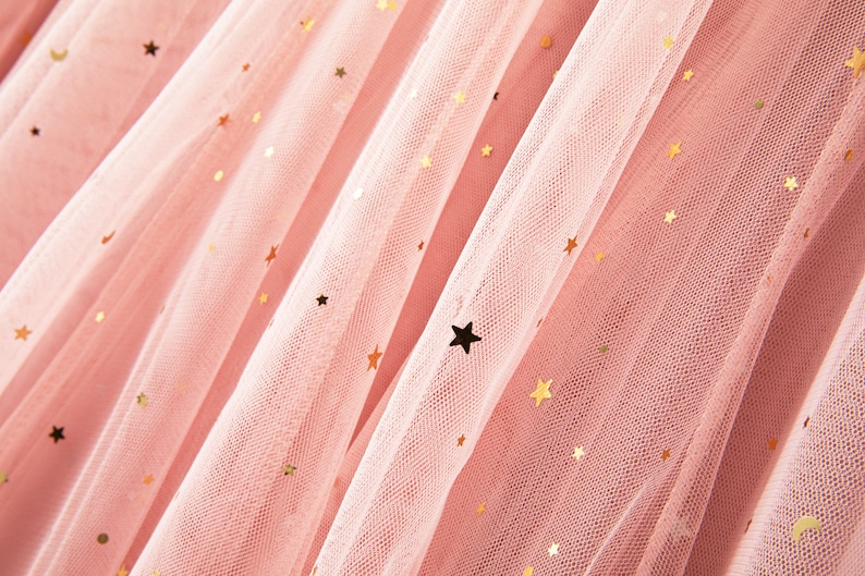 Pink Celestial Tulle Full Skirt Star Moon Embellished Tulle Tea Length Skirt Holiday Skirt Party Skirt Pink