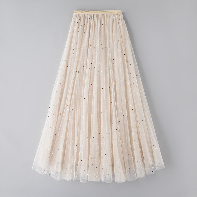 Pink Celestial Tulle Full Skirt Star Moon Embellished Tulle Tea Length Skirt Holiday Skirt Party Skirt Cream