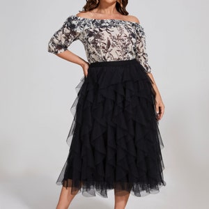 Black Layered Tulle Midi Skirt - Laveta