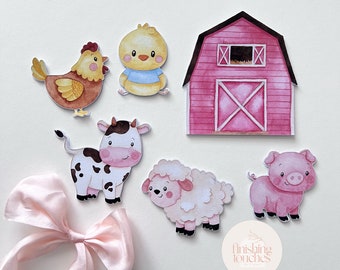 May include: A set of farm animal cutouts, including a pink pig, a white sheep, a black and white cow, a yellow chick, a brown hen, and a pink barn with a white X on the door. The cutouts are on a white background.