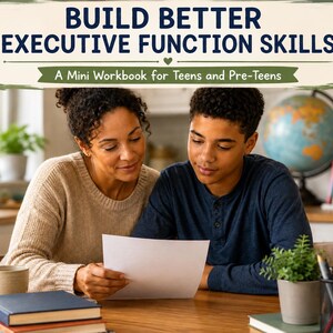 以下が含まれることがあります： BUILD BETTER EXECUTIVE FUNCTION SKILLS: A Mini Workbook for Teens and Pre-Teensというタイトルのミニワークブック。表紙には濃い青色の見出しと、ハートのアイコンが付いた緑色のバナーがあり、小さな緑の葉のイラストで縁取られています。