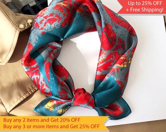 Women's silk scarf, Festival scarf, Summer wrap, Wedding scarf, Bridesmaid gift, Bridal shower gift, Handbag scarf, Neckerchief, Red bandana