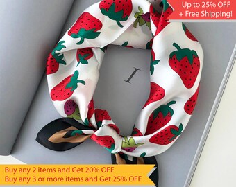 Women's silk scarf, Festival scarf, Summer wrap, Wedding scarf, Christmas gift, Bridal shower gift, Strawberry pattern Neckerchief, Bandana