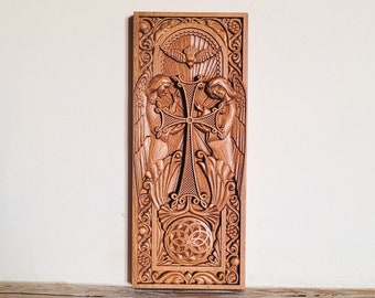 Khachkar Cross, Armenian carved wood cross, Wall carved home decor, Christian crosefix carving engraved, Religious, Chrisitan, Catholic