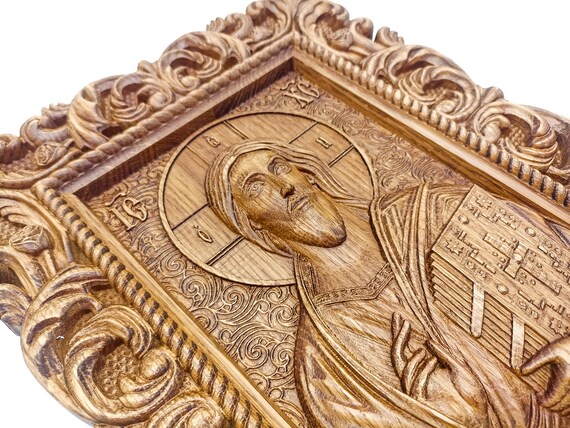 Jesus Our Lord Icon natural beech, Savior icon, holy face, Christian gifts personalized engraved, Big wooden Icon, Baptism Present