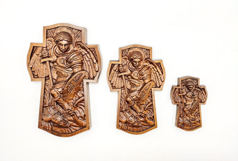 Archangel Michael Wall Cross Personalized Gift Carved Etsy