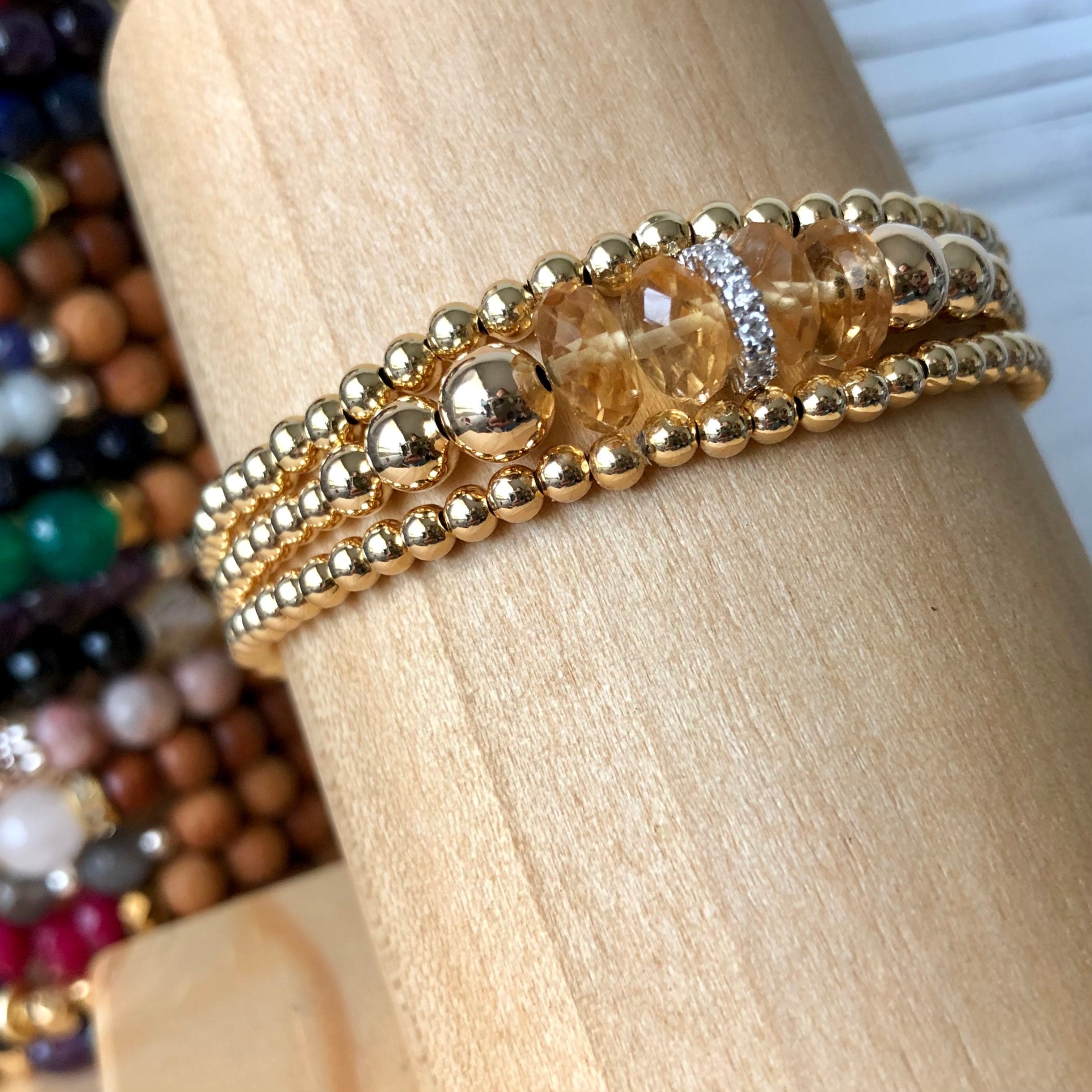 14K Gold Filled Bead Ball Bracelet Set of 3 Yellow Sapphire Etsy