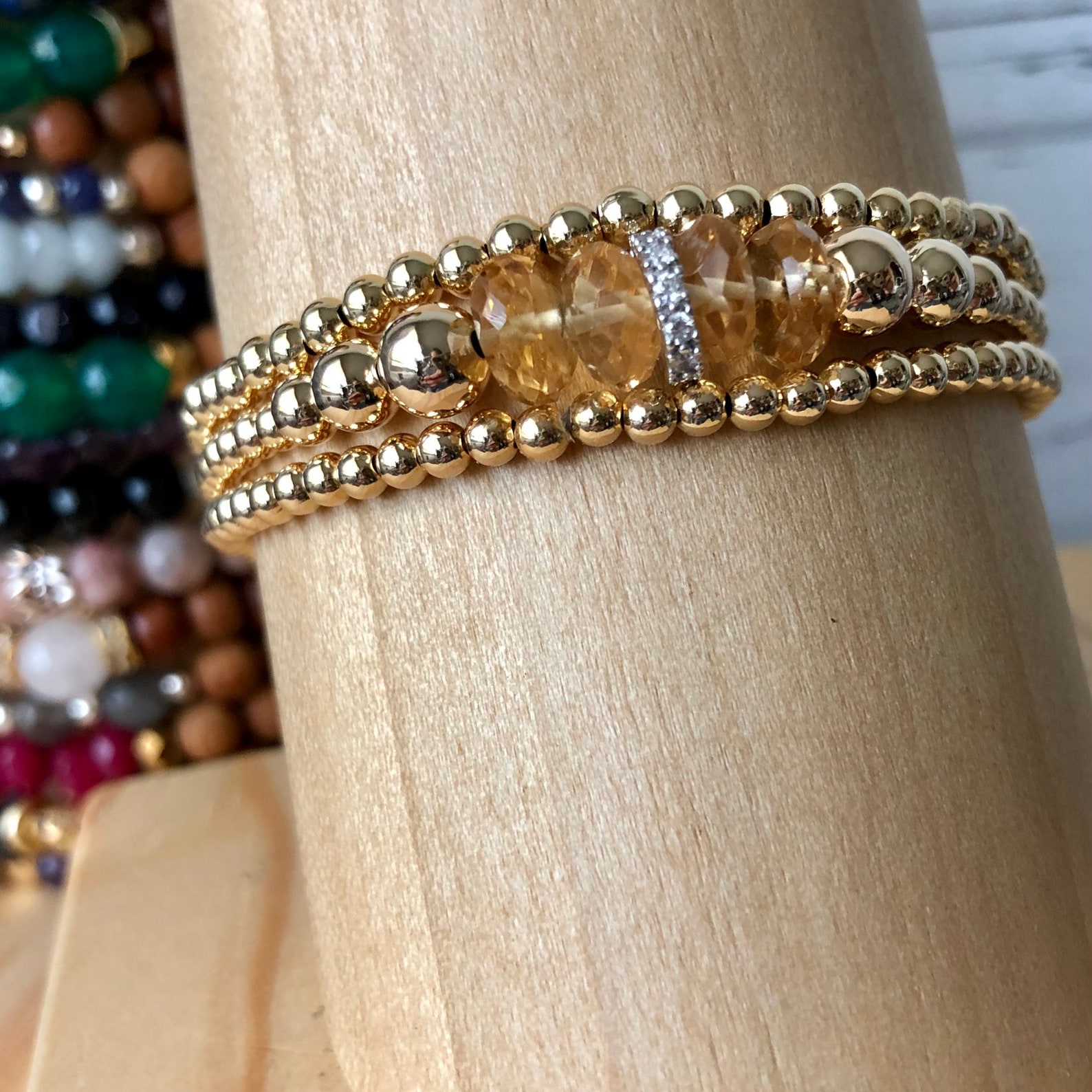 14K Gold Filled Bead Ball Bracelet Set of 3 Yellow Sapphire Etsy