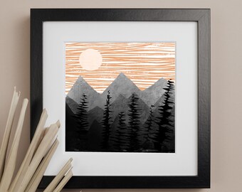 Orange Sky, Mountain Scape, Grey, Abstract, Modern, Whimsical, Landscape, Geometric, Lines, Downloadable Print, Digital Print, Wall Art