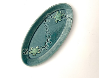 Made To Order Traveling Turtles on an Oval Stoneware Catch All Tray for holding Jewelry, Glasses, or Dessert