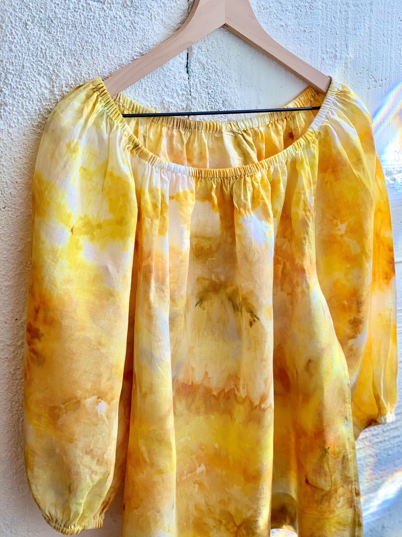 . Women/'s Hand-dyed Puff Sleeve Linen Blouse new