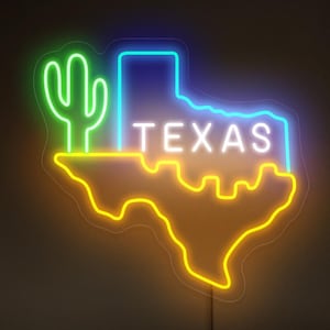 Letrero de neón con el mapa de Texas, letrero LED de Texas, letrero del estado de Texas, letrero de cactus de Texas, regalo para amantes de Texas, letrero de neón de cactus, arte de pared de Texas, decoración de Texas