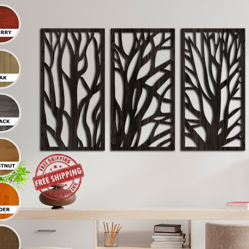 3 Panel Wall Art Trees Wall Decor Wood Panel Wood Wall Art Etsy