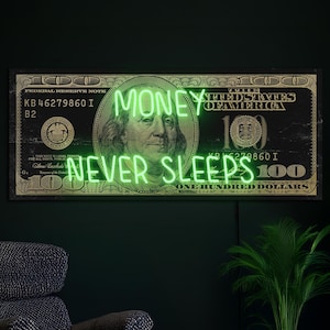 Money never sleeps neon sign, Money neon sign, Dollar pop art artwork, Money print neon, Dollar neon sign, Dollar art decor, Money art decor