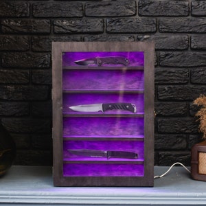 Knife display case, Knife display with led, Knives display with door, Pocket knife storage rack, Lighted knife shelf, Wooden knife holder