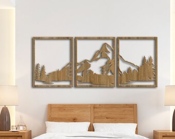 Wood mountain wall art decor, Wooden mountains art, 3 panel wood wall art, Panel wall art mountains, Mountains wooden wall art set
