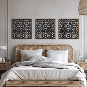 Flower set of 3 panel wood, Mandala wall art, Moroccan wall wood panel, Boho flower wall art, Flower wood wall hanging, Flower wood triptych