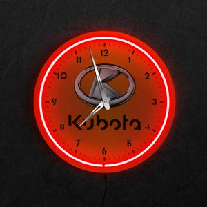 Zegar ścienny Kubota, Zegar neonowy Kubota, Znak led Kubota, Dekoracja świetlna Kubota, Zegar ścienny ciągnik, Logo ciągnika Kubota, Zegar ścienny garażowy