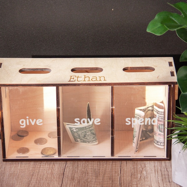 Give save spend bank, Personalized piggy bank, Wooden money box, Wood piggy bank, Wooden cash box, Custom money box, Piggy bank adult