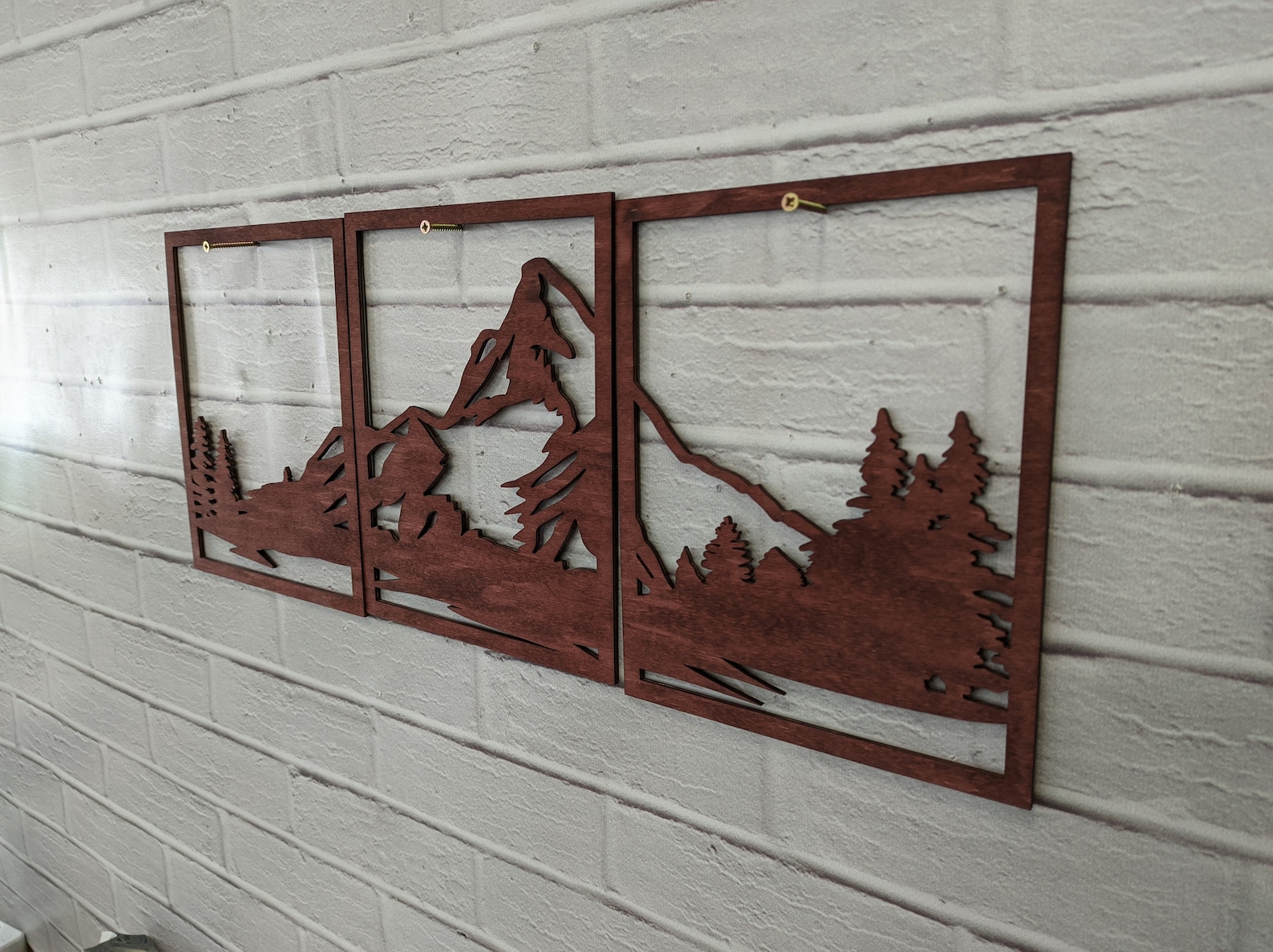 Wood mountain wall art decor Wooden mountains art 3 panel Etsy