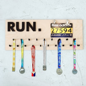 Race medal display case, Wood race medal hanger, Marathon medal hook, Race bib and medal holder, Running bib display, Runner medal rack