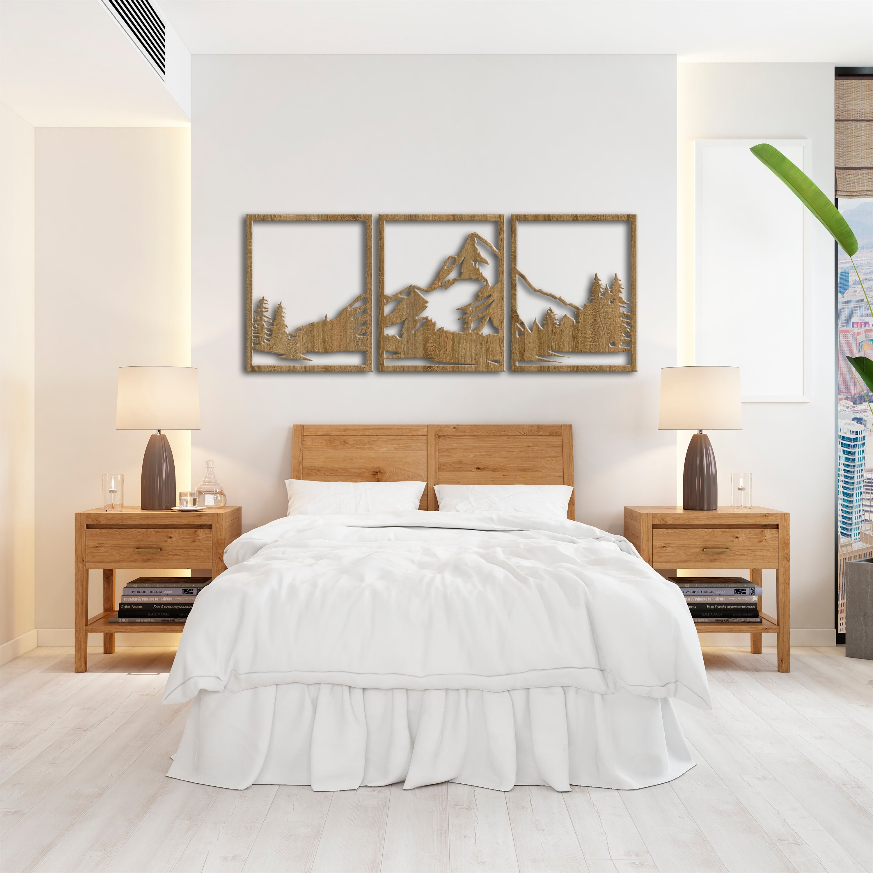 Wood mountain wall art decor Wooden mountains art 3 panel Etsy