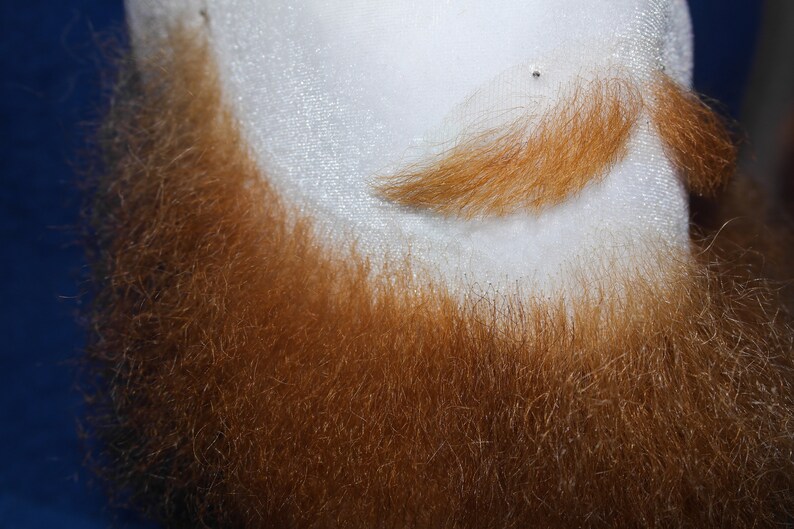 May include: A close-up of a red beard with a small, thin, red mustache above it.