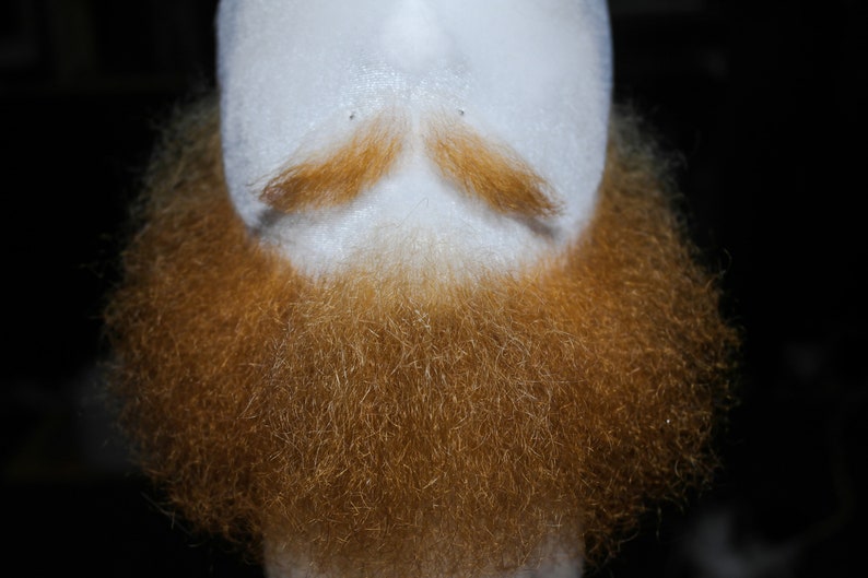 May include: A close-up of a fake beard with a mustache. The beard is made of brown and orange hair and is very full. The mustache is also brown and orange and is neatly trimmed.