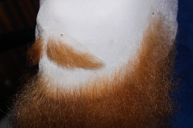 May include: A close-up of a man's beard, with the top portion of the beard shaved off, revealing a white surface. The beard is a reddish-brown color and appears to be thick and full.