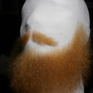 May include: A close-up of a white foam mannequin head with a reddish-brown beard and mustache.