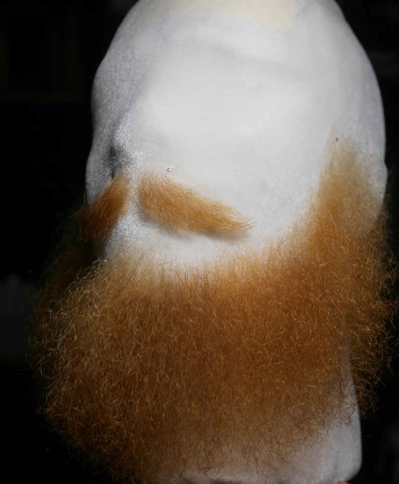 May include: A close-up of a white foam mannequin head with a reddish-brown beard and mustache.