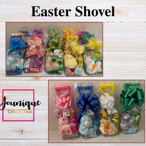 May include: Easter Shovel gift sets in clear cellophane bags, each with a colorful bow. The sets include plush toys and small gifts. The top row has blue, pink, green, and yellow bows. The bottom row has pink, blue, yellow, and green bows.