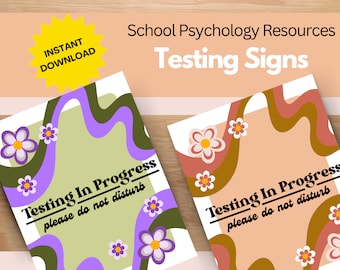 May include: Two printable signs with a retro design featuring a purple and green swirl on a light green background and a peach and brown swirl on a peach background. The signs say "Testing In Progress - please do not disturb".