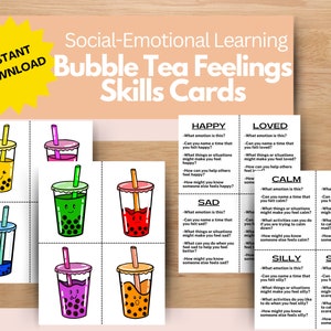 May include: Nine colorful bubble tea cards with cartoon faces. Each card has a different emotion word and questions to help children identify and understand their feelings. The emotions are: Happy, Loved, Calm, Mad, Sad, Silly, and Scared.