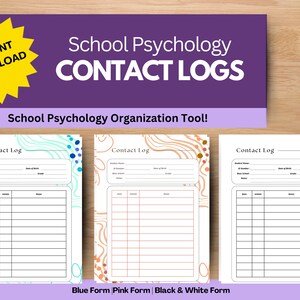 Puede incluir: Tres formularios de registro de contacto imprimibles para psicólogos escolares. Los formularios tienen un diseño azul, rosa y blanco y negro con líneas onduladas abstractas y puntos. El texto "Contact Log" está en la parte superior de cada formulario.