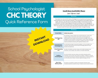 May include: A quick reference guide for school psychologists on the Cattell-Horn-Carroll (CHC) theory of intelligence. The guide includes a summary of the seven broad CHC factors, including fluid reasoning, comprehension knowledge, visual processing, auditory processing, and short-term memory.