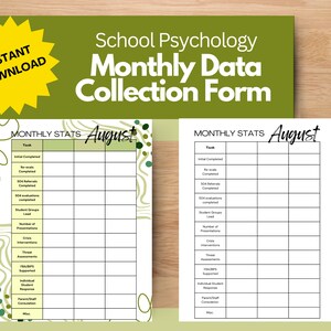 May include: A printable monthly data collection form for school psychology professionals. The form is designed for the month of August and includes a list of tasks and a space to track their completion.