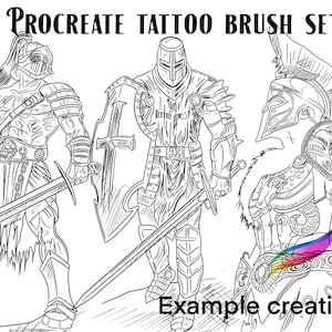 Procreate stamps and drawing brushes showcasing warrior themes: knight, Spartan, gladiator, and samurai.