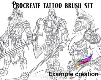 Procreate stamps and drawing brushes showcasing warrior themes: knight, Spartan, gladiator, and samurai.