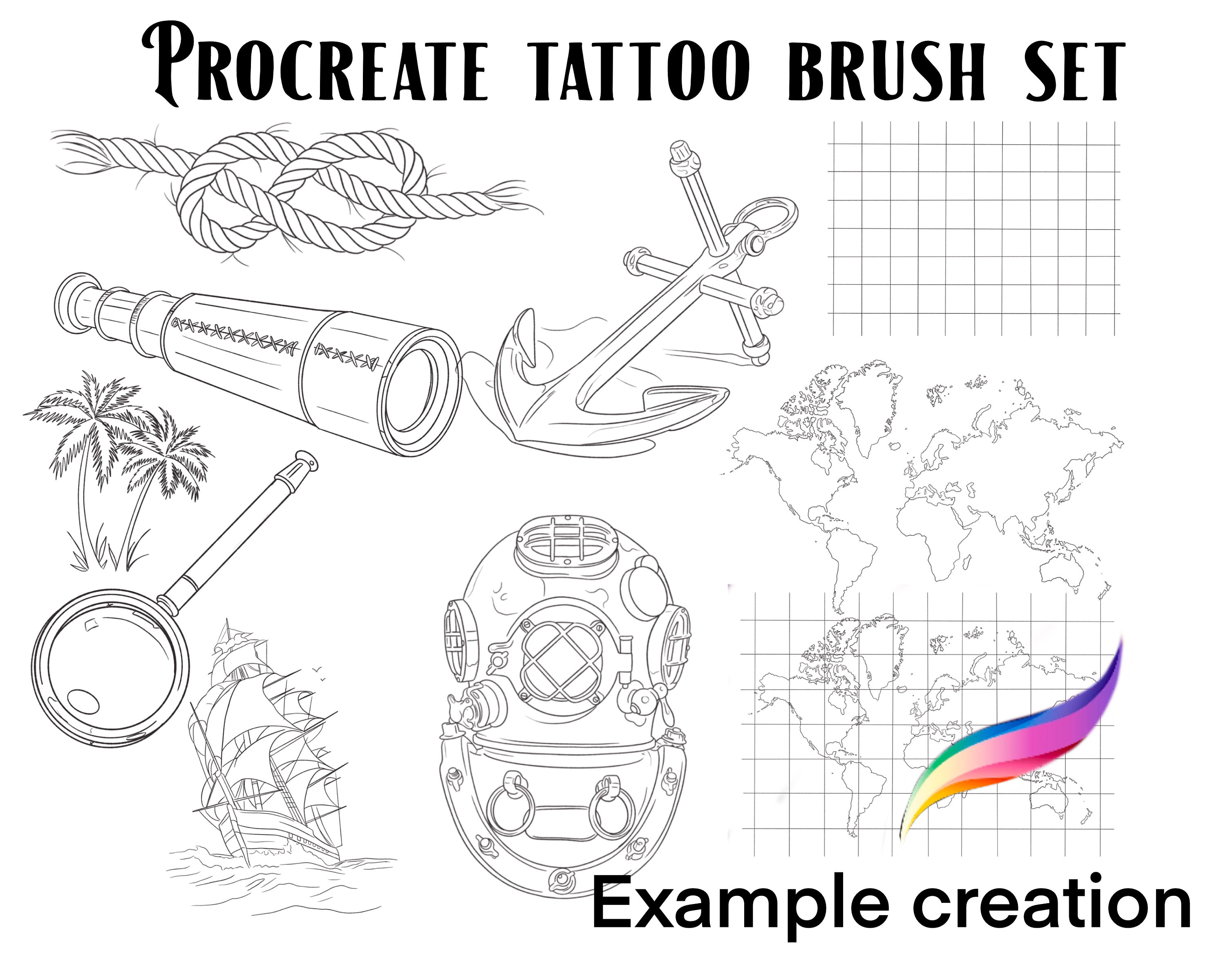 Nautical-inspired Procreate Tattoo Brush Set and Stamps Featuring ...