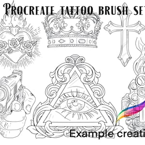 Procreate tattoo stamps and brushes featuring iconic symbols: cross, crown, sacred heart, and all-seeing eye.