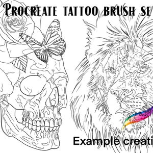 Procreate tattoo brush set and stamps encompassing a diverse range: lion, skull, rose, dove, and eye designs.