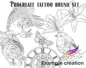Procreate tattoo brush set and stamps - owl, eagle, clock, robin