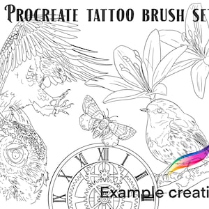 Procreate tatueringspenselset och stämplar - uggla, örn, klocka, rödhake