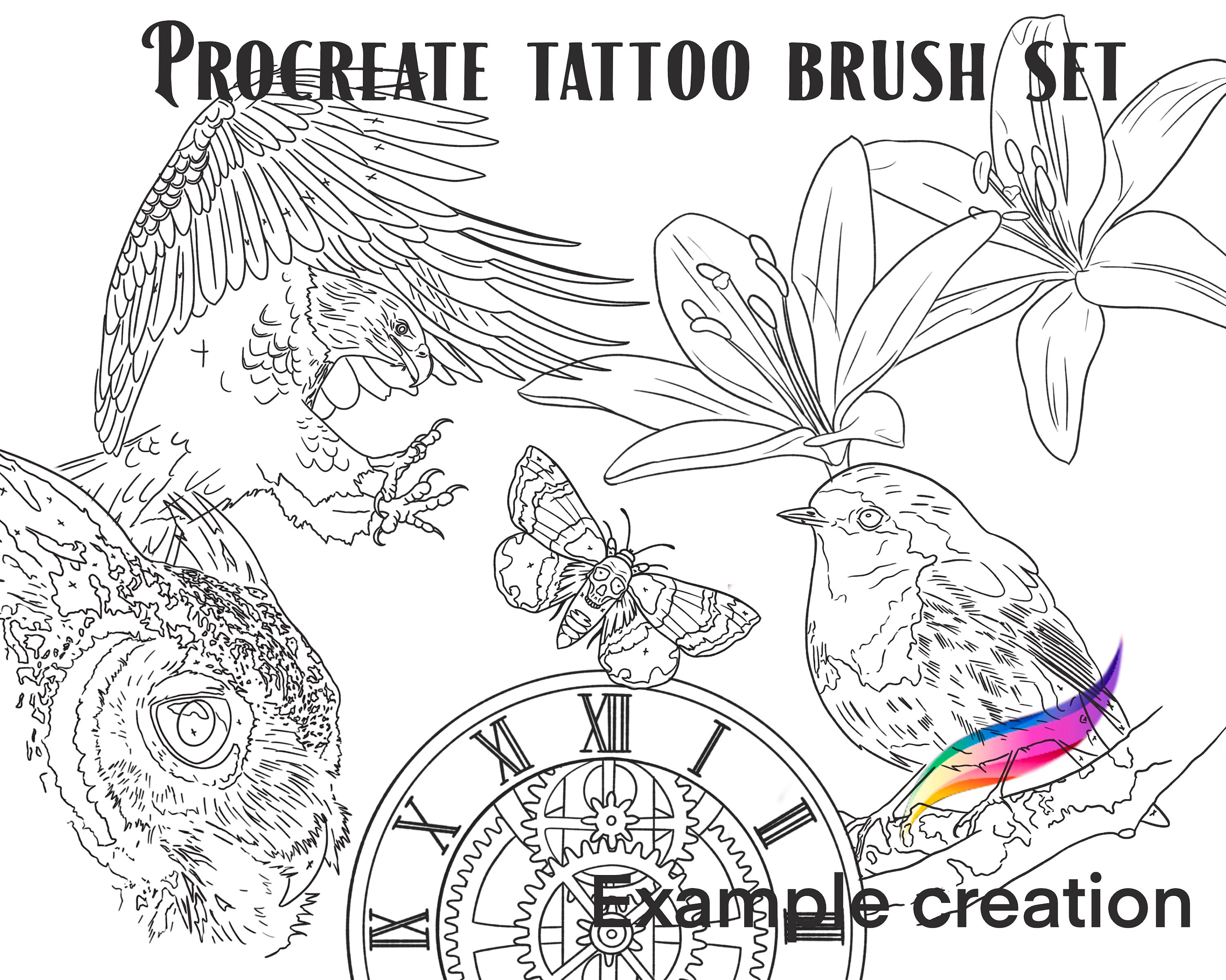 Procreate Tattoo Brush Set and Stamps - Owl, Eagle, Clock, Robin - Etsy