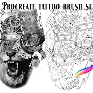 Procreate Tattoo Stämpel och referensbild av lejon med trasig urtavla