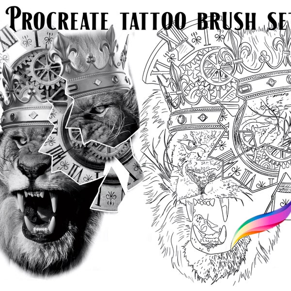 Procreate Tattoo Stamp and reference image of  lion with broken clock face