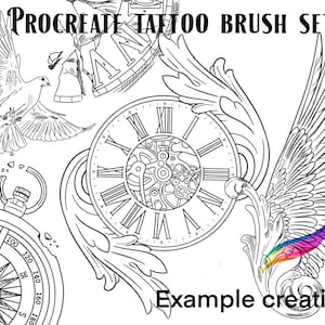 Procreate tattoo stamps brush set. Wing, clock, stairway, clock