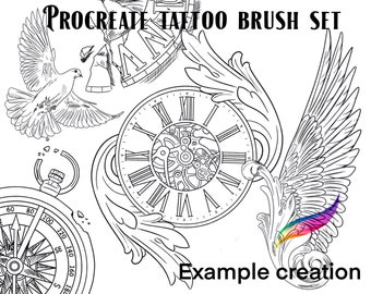 Procreate Tattoo Stempel Pinsel Set. Flügel, Uhr,Treppe, Uhr